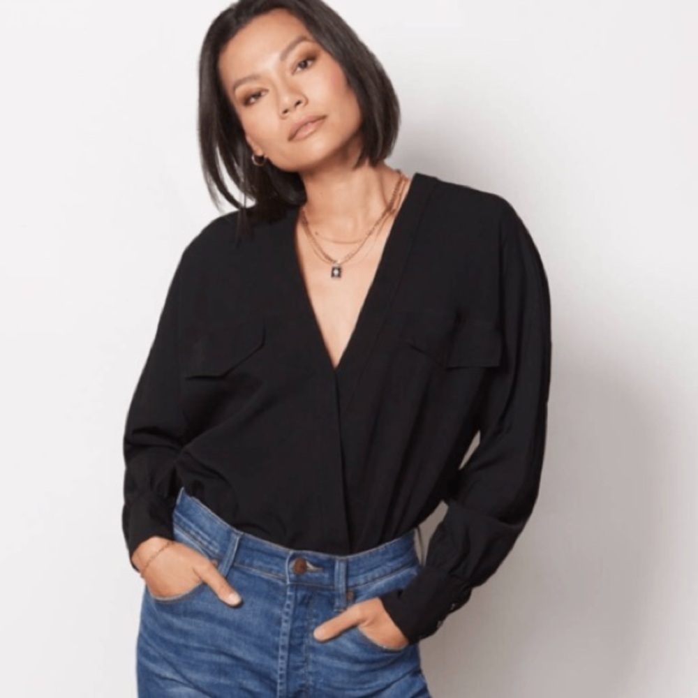 Black Popover Airy Sheer Lined Blouse